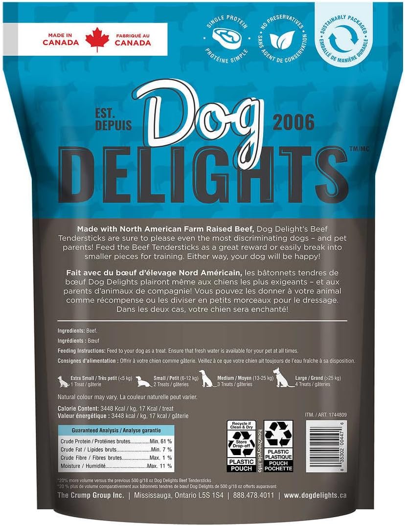Dog Delights Beef Tendersticks, No Additives, No Preservatives, No Colours, Made in Canada (600g)