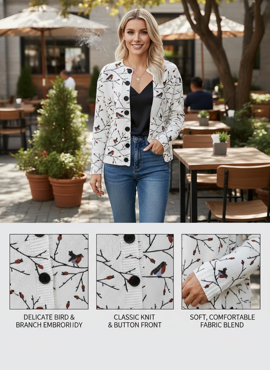 Women's Printed Crew Neck Long Sleeve Cardigan - Animal & Floral Pattern Button-Down Sweatshirt for Casual Daily Wear - Image 4