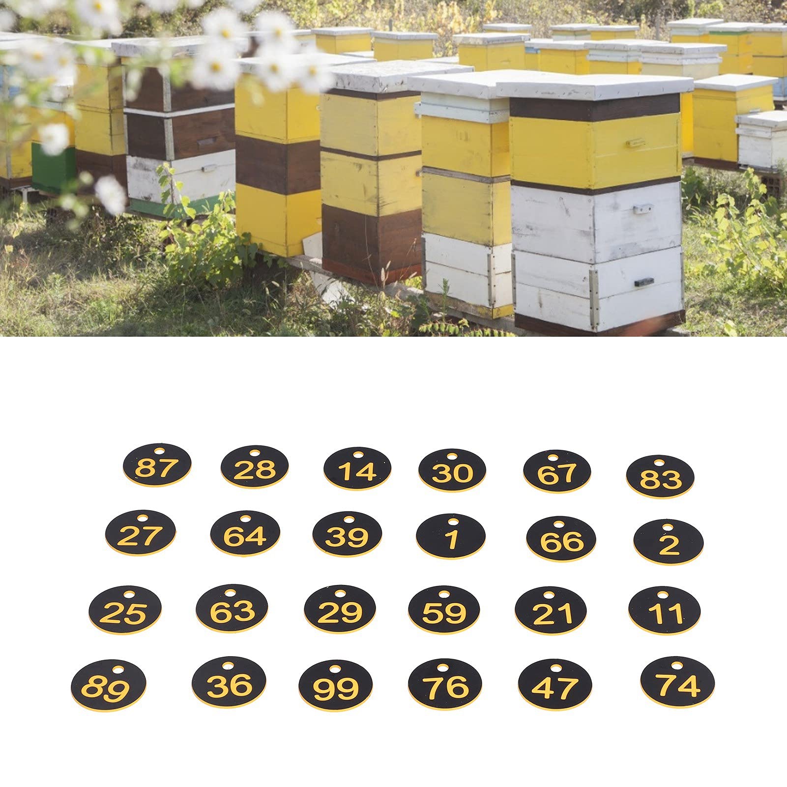 Ejoyous 100 Stück Bienenstock-Etikett, ABS, Nummeriertes Etikett, 3,5 Cm Runde Etiketten mit 4 Mm Loch, für die Identifizierung von Bienenzucht, Viehzucht, Bauernhof, Blau, Weiß (Schwarz Gelb)