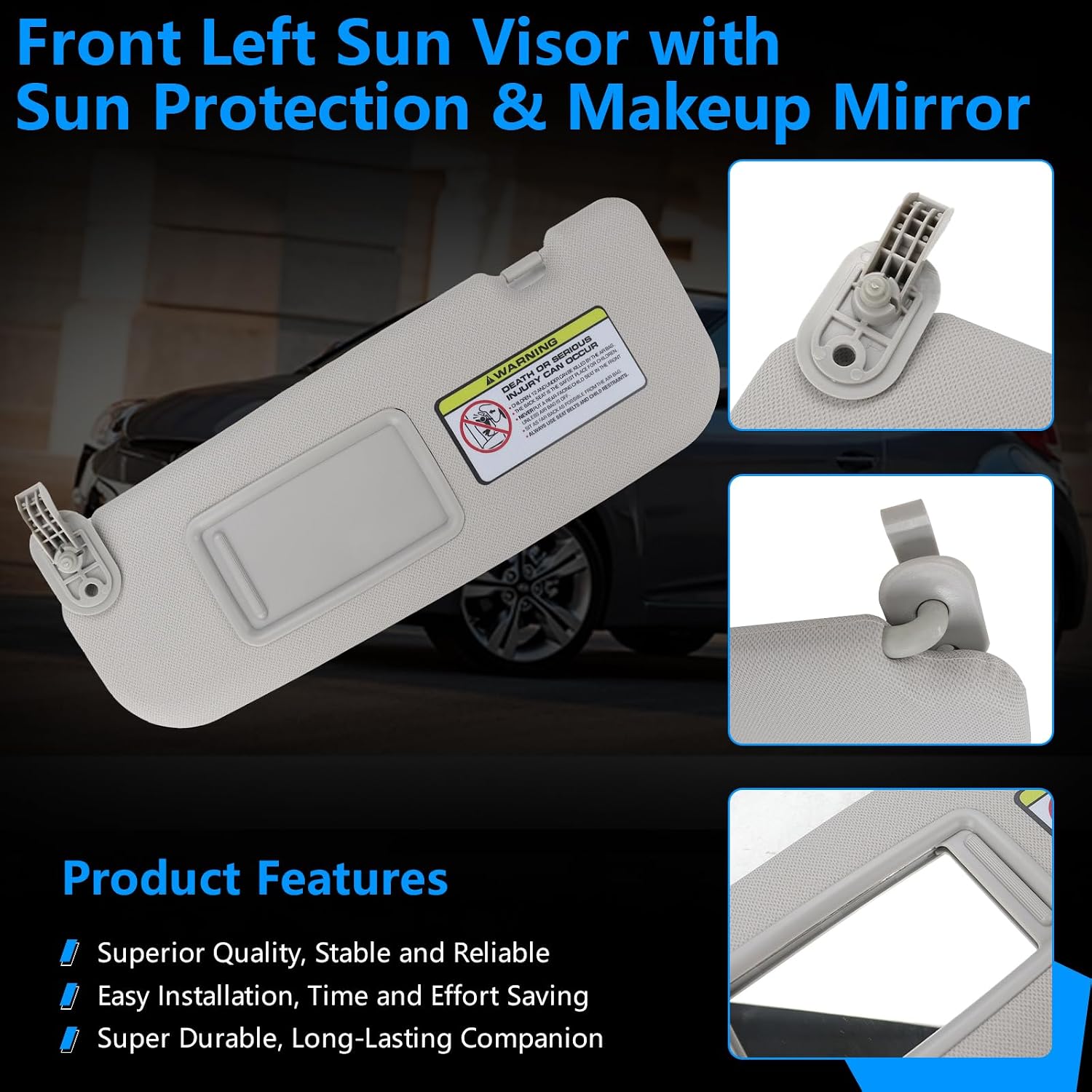 Front Left Sun Visor with Sun Protection & Makeup Mirror (Gray) – Compatible with 2012-2016 Hyundai Veloster, Replaces OEM Part 85210-2V330-TX (Driver Side)