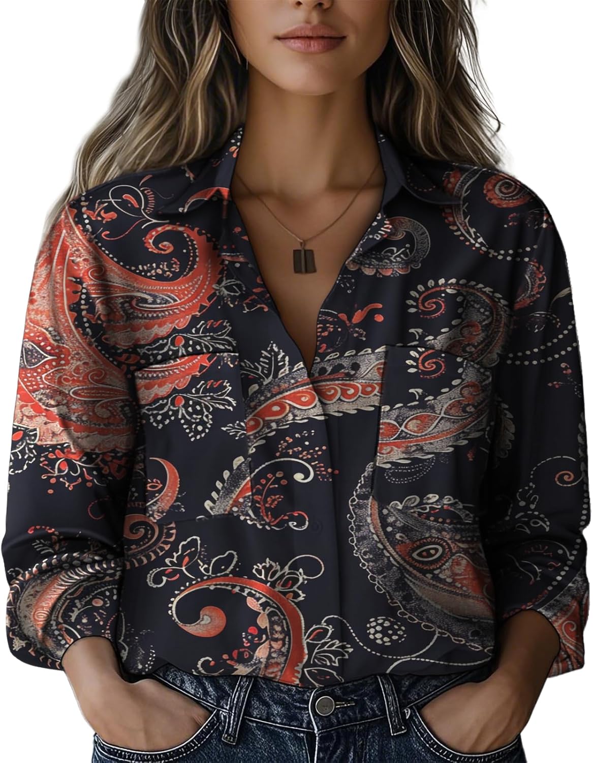 domirica Spring Shirts for Women 2025 Trendy Button Up Rolled Three-Quarter Sleeves V Neck Blouses Soft and Comfy Tops