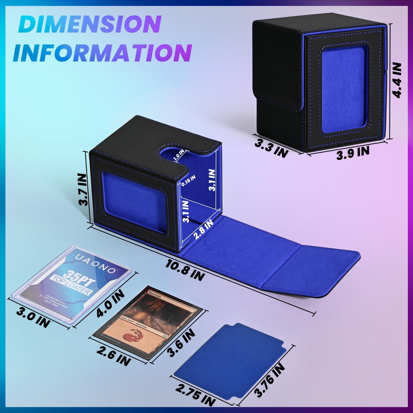 UAONO Caja de cartas con pantalla MTG Commander, funda para más de 100 tarjetas de doble manga, caja de almacenamiento de tarjetas coleccionables para TCG/PTCG/Sports con 2 divisores, 1 cargador