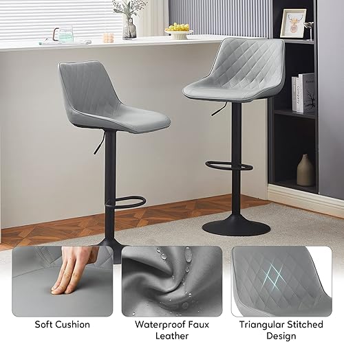 Miniatura 4 de CLIPOP Juego de 4 taburetes de bar giratorios de 360 , taburete de bar de altura ajustable de piel sintética con patrón de diamante trasero,