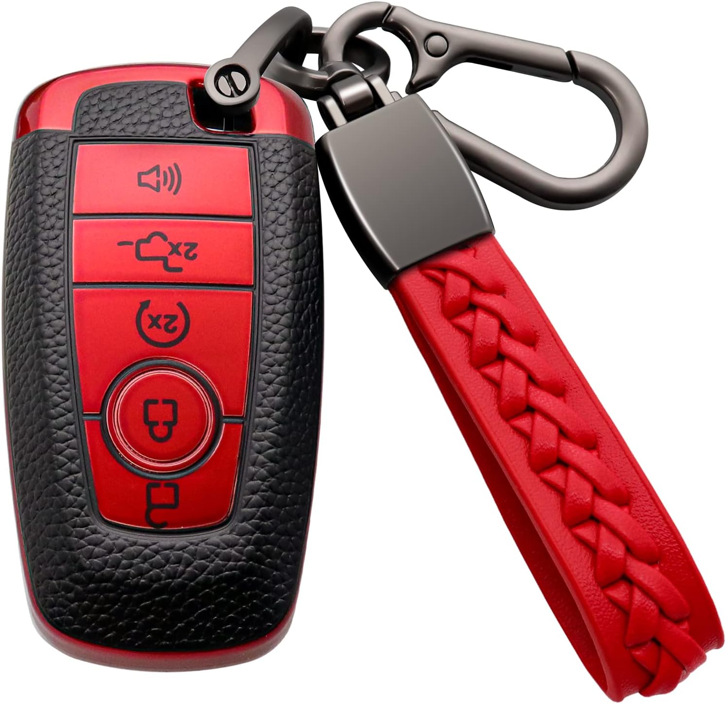 for Ford Key Fob Cover Soft TPU with Leather Keychain Key Case Shell Full Protective Cover Compatible with Ford Explorer Mustang Fusion Escape F150 F250 F350 F450 F550 Edge 5 Button, Red