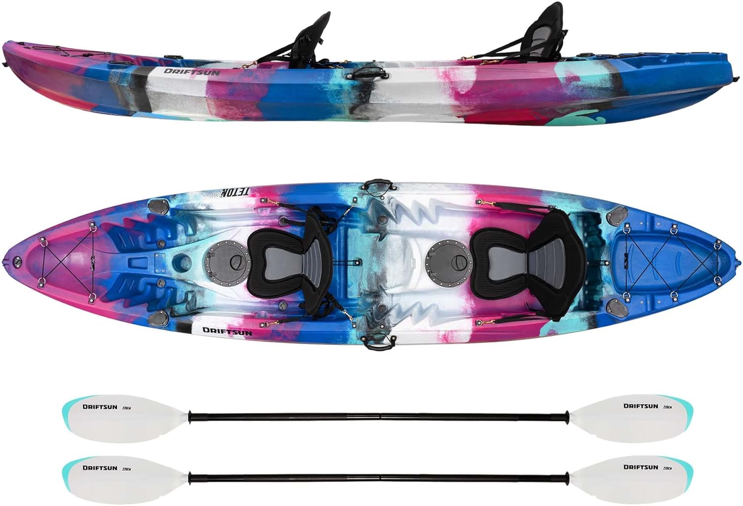DRIFTSUN Teton 120 Hard Shell Kayak, 2 or 3 Person Sit On Top Fishing Kayak with 2 EVA Padded Seats, Includes 2 Aluminum Paddles and Fishing Rod Holder Mounts DRIFTSUN Teton 120 Hard Shell Kayak, 2 or 3 Person Sit On Top Fishing Kayak with 2 EVA Padded Seats, Includes 2 Aluminum Paddles and Fishing Rod Holder Mounts