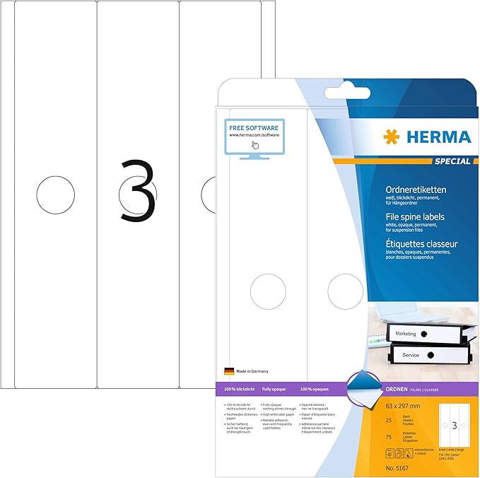 HERMA Self Adhesive Suspension Lever Arch File Labels, 3 Labels Per A4 Sheet, 75