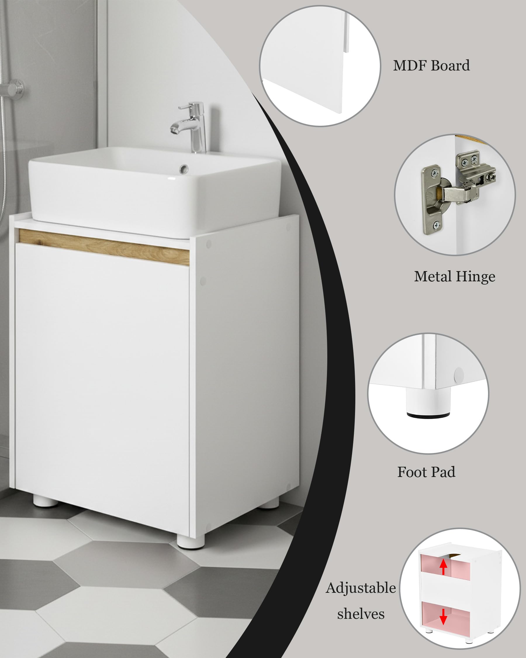 Mueble bajo lavabo blanco para cuarto de baño, lavabo con decoración de madera de roble, 42 x 33 x 54,5 cm, armario bajo lavabo estrecho con estante ajustable, sin mango