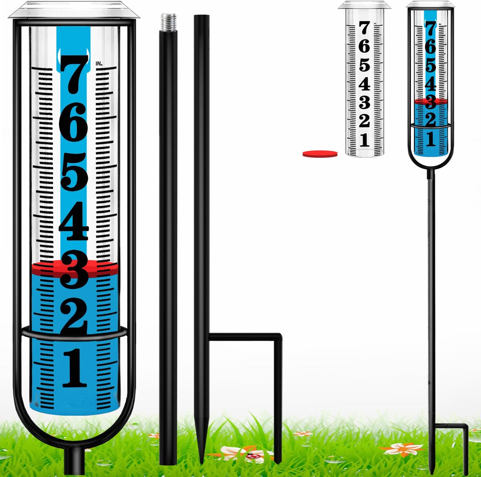 Rain Gauge Outdoor, Freeze Proof Rain Gauges Outdoors Best Rated, 7" Capacity Large Clear Font and Scale Rain Guage with Long Stake for Yard Garden, Rain Water Meter with Two Plastic Replacement Tube