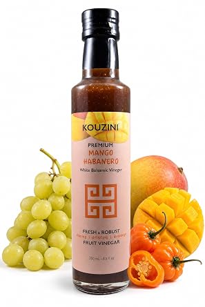 Kouzini Ultra Premium Mango Habanero White Balsamic Vinegar, Aged Balsamic Vinegars from Modena, Italy, Premium, Smooth & Full-Bodied Flavor, 250ml Bottle