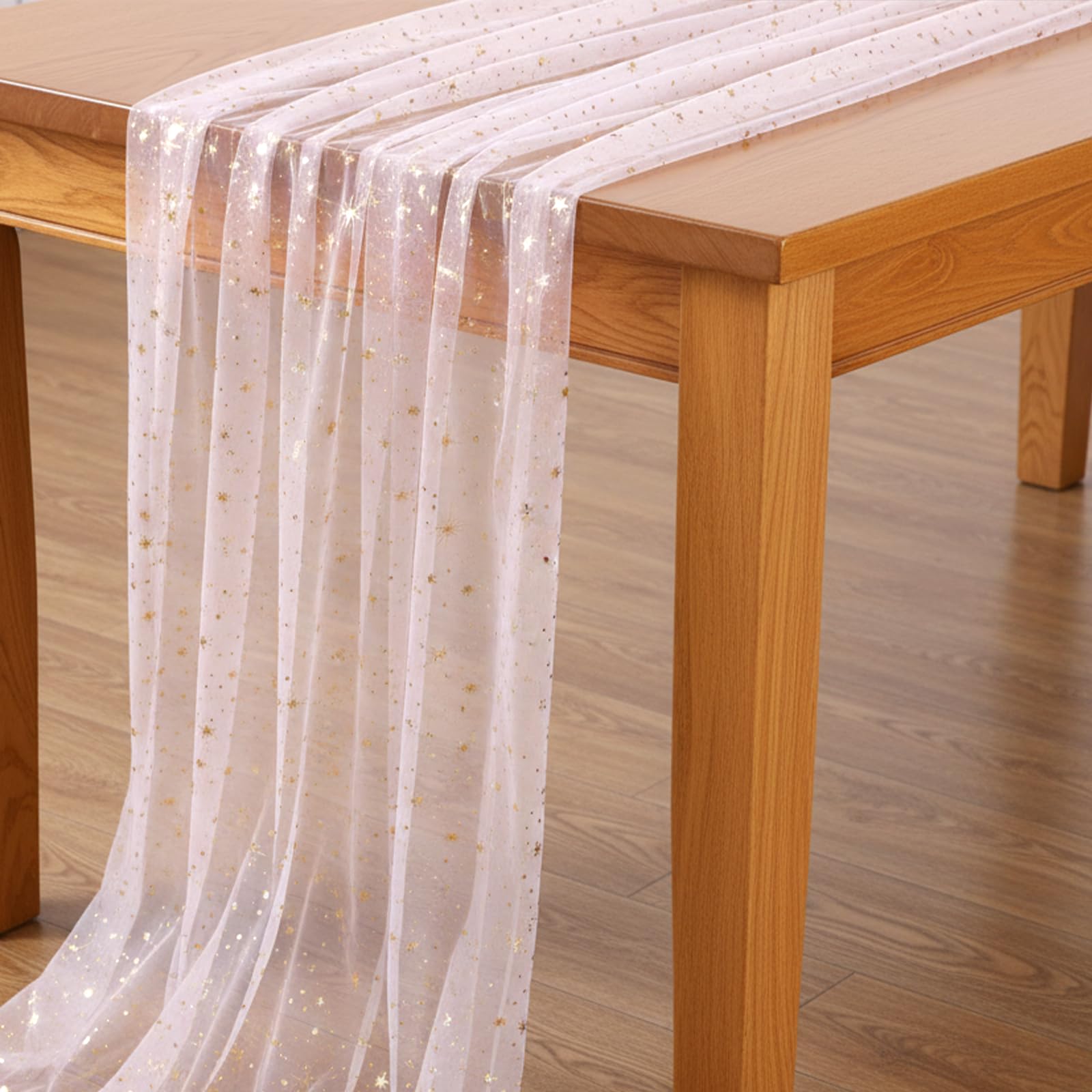 Photo 1 of 10FT × 2.3FT Pink Lace Table Runner, Gold Stars Foil Glitter Table Runner Sheer Chiffon Tulle Cheesecloth Wedding Runners, Golden Sequin Glitter Pink Tulle Runners for Tables Wedding Party Arch