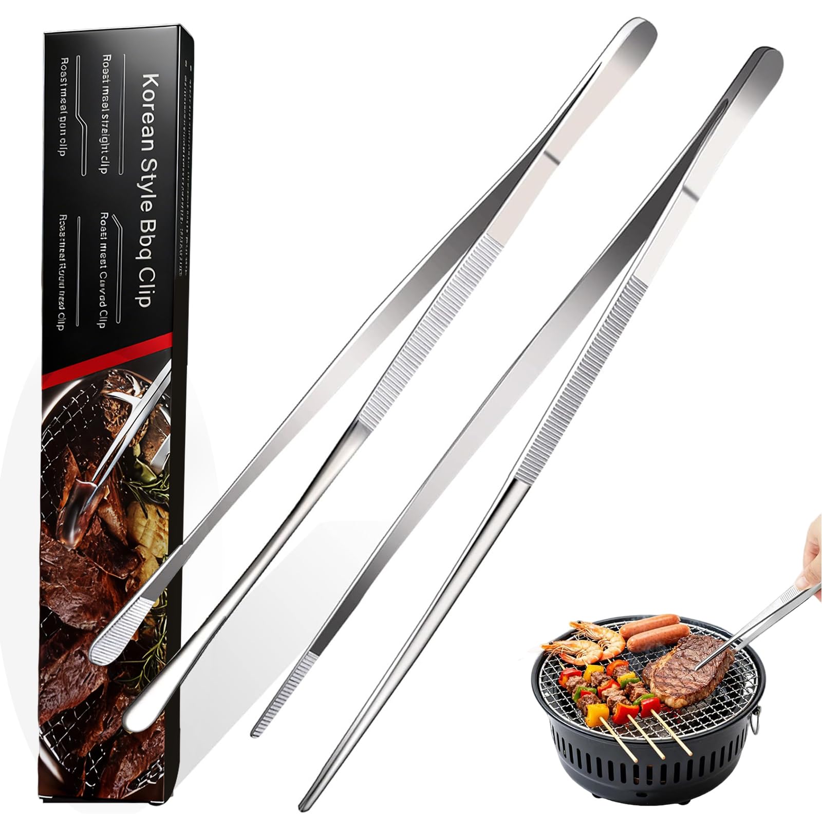12-Inch Stainless Steel Tongs, 2Pcs Cooking Tweezers, Kitchen Tweezers for Grilling & Baking, Stainless Steel Steak Clip, BBQ Extra Long Tweezer for Cooking Food Design Styling