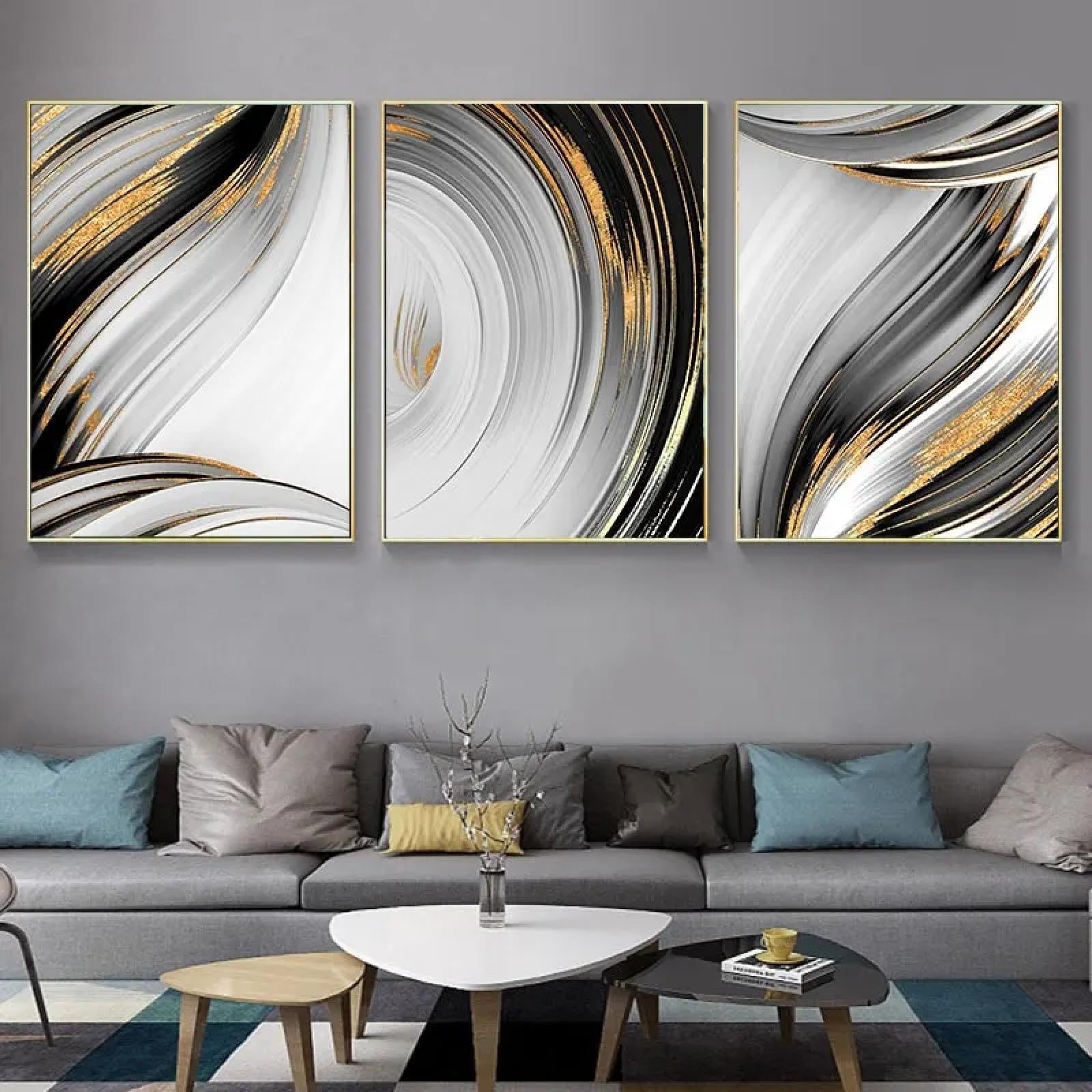 Impression sur toile abstraite noire dorée triptyque 60x80cm - 8