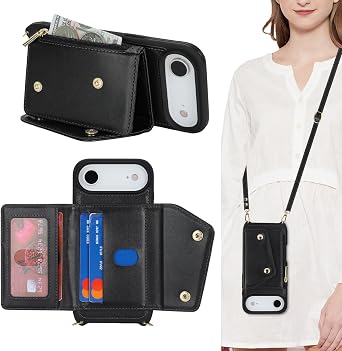 Lipvina for iPhone Air Case with Card Holder and Strap - Zipper Pocket,Crossbody Lanyard Strap,Credit Card Holder,Stand Ring,Cute Phone Wallet Case for WomenBlack,6.6 Inch