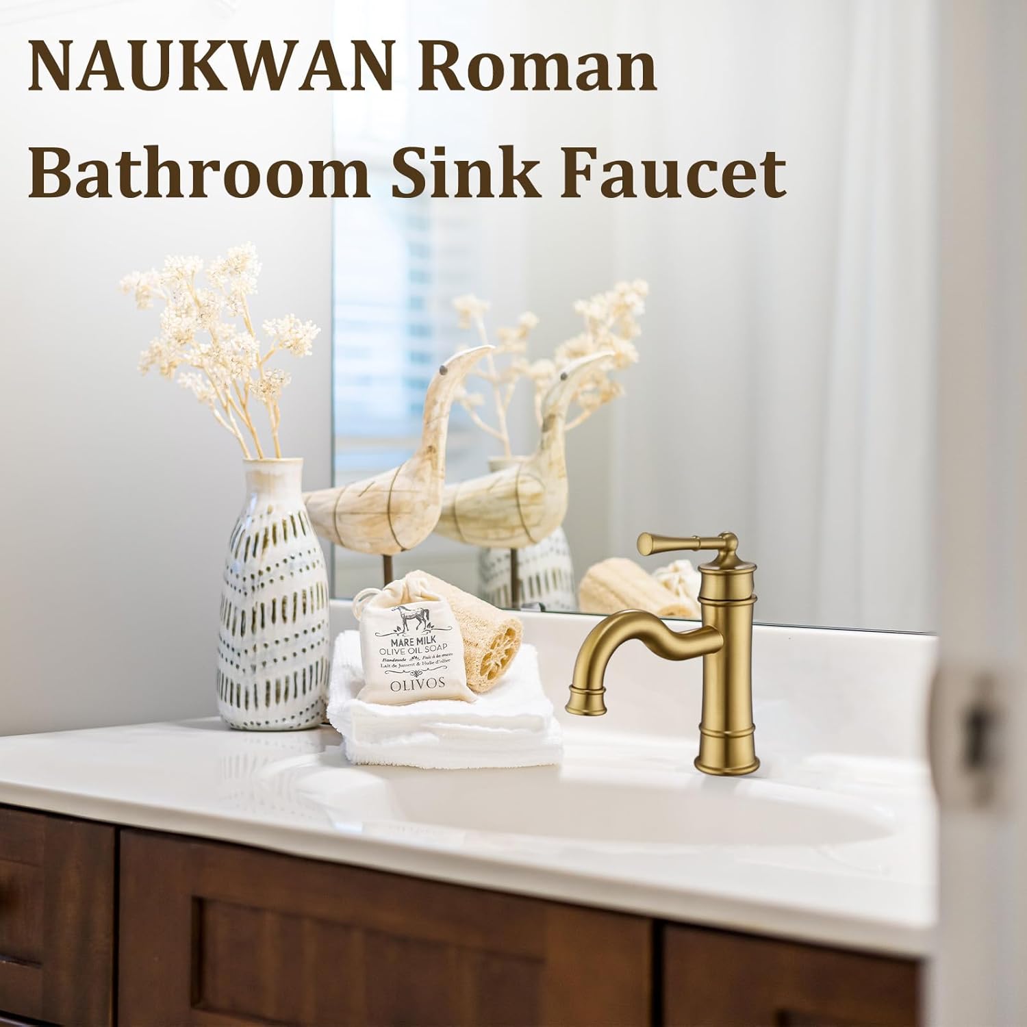Brushed Gold Bathroom Sink Faucet, Single Handle 1 or 3 Hole Vanity Basin Faucets with Deck Plate, Vintage Long Spout Solid Brass Faucet for Sink with Pop-up Drain Assembly NL-2201BG