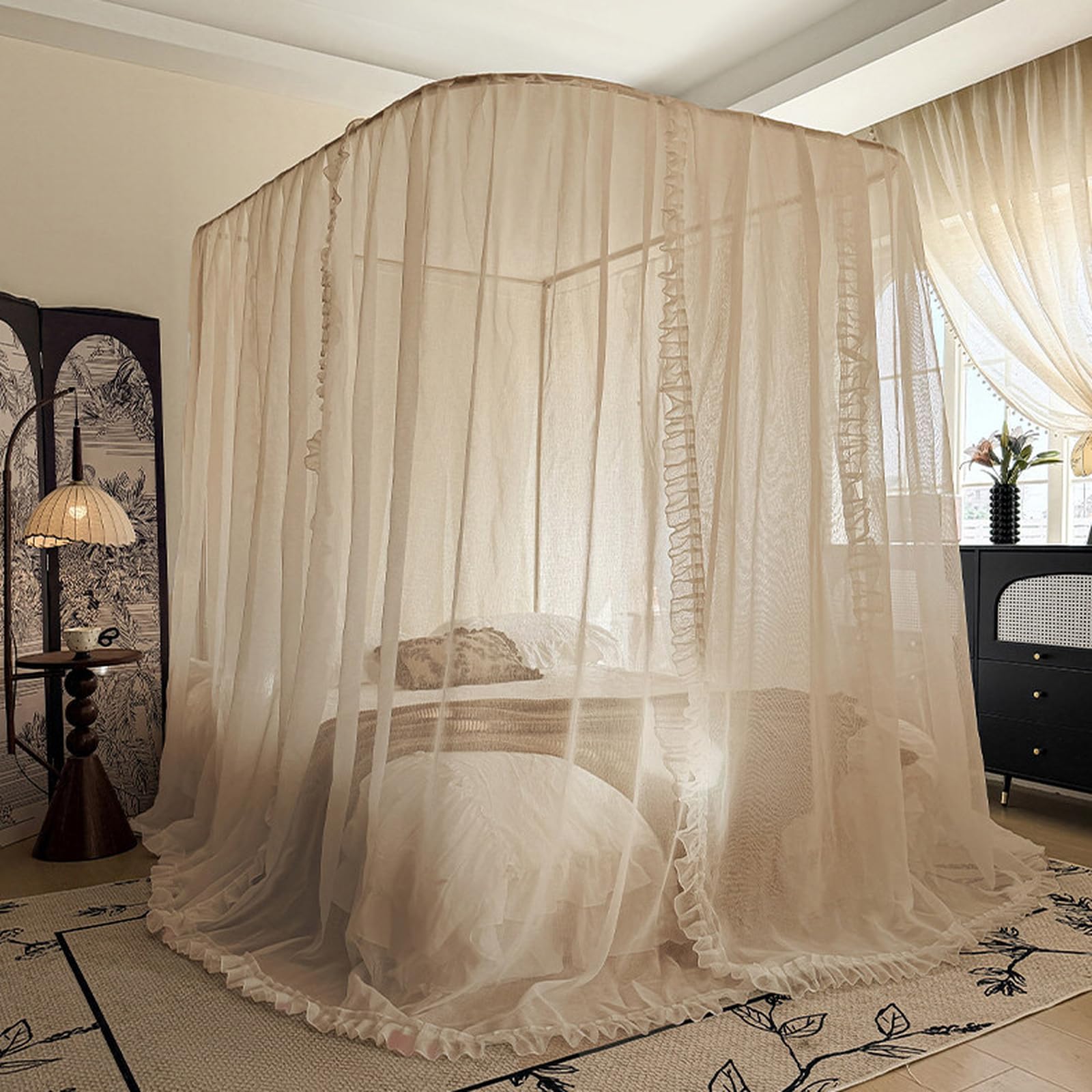 Zasłony z baldachimem na łóżko z moskitierą, eleganckie, miękkie lniane zasłony z 3 otworami do dekoracji sypialni, 150 cm szer. x 208 cm dł., idealne do pokoju dziewczęcego