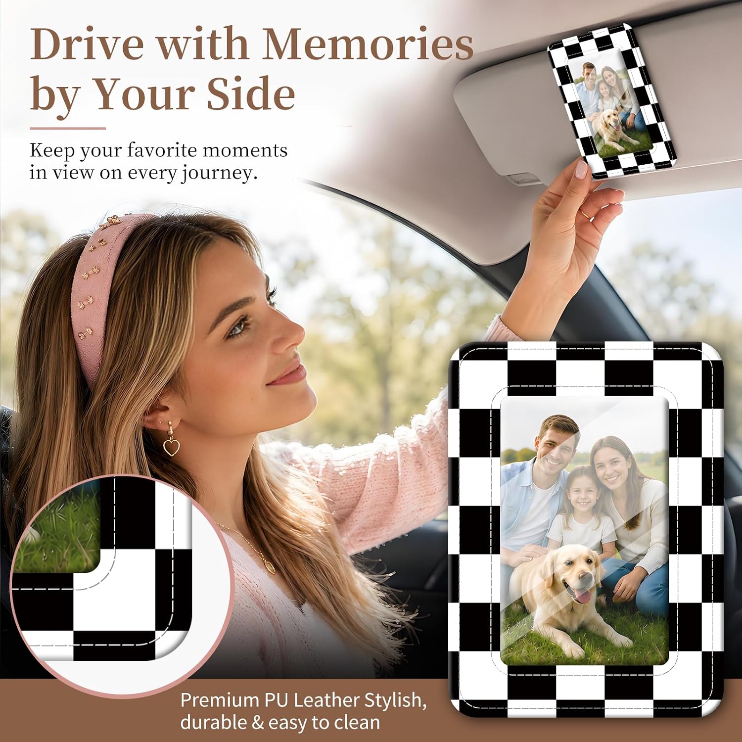 Leather Car Picture Holder and Visor Photo Clip, Cute Car Photo Holder Display Visor Photo Frame Vertical, fit 2.36"x3.54" Photo Classic Checkerboard image 2