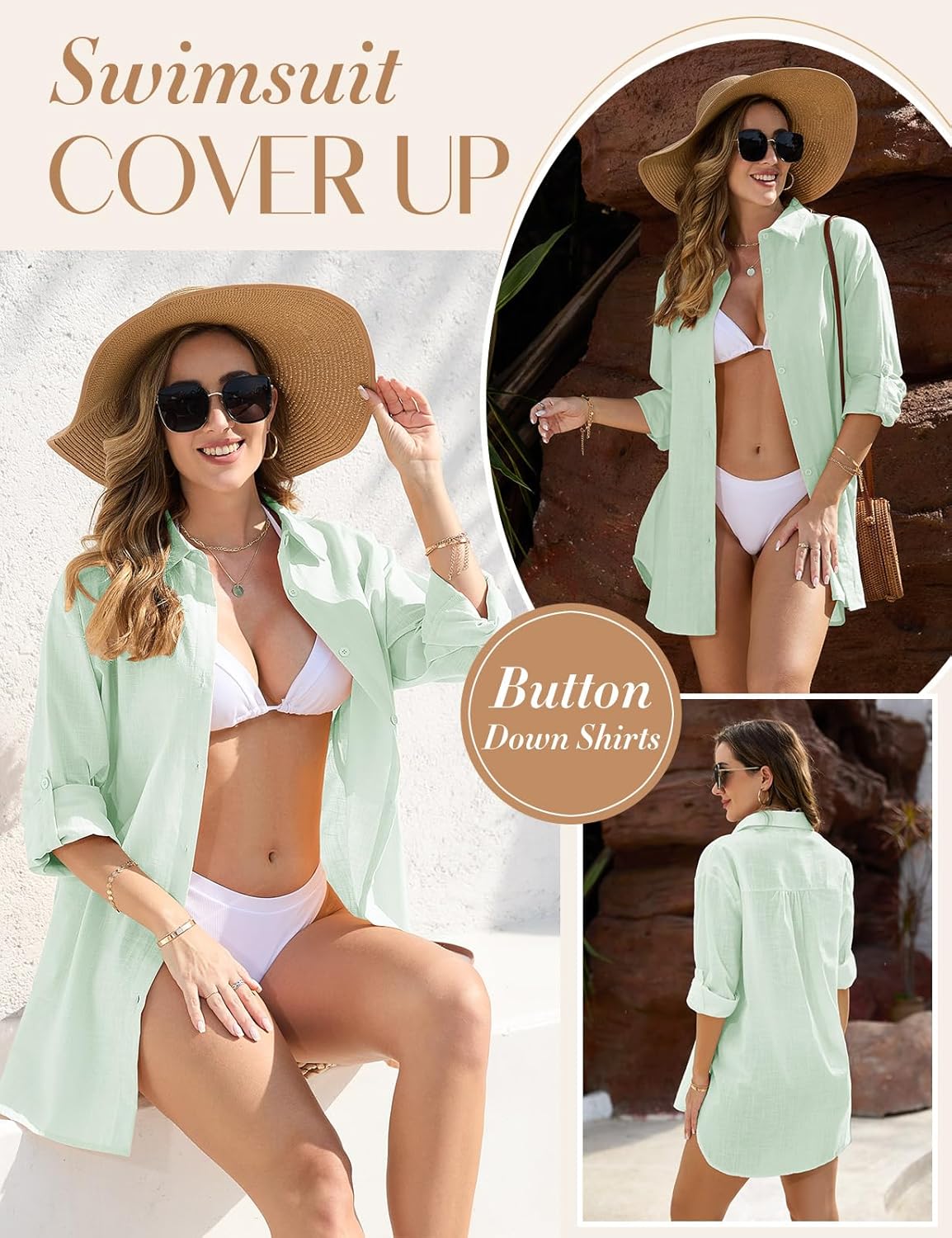 Swimsuit Coverup for Women Casual V Neck Bathing Suit Cover Ups Button Down Beach Bikini Swimwear Cover up Dress Shirt - Image 5