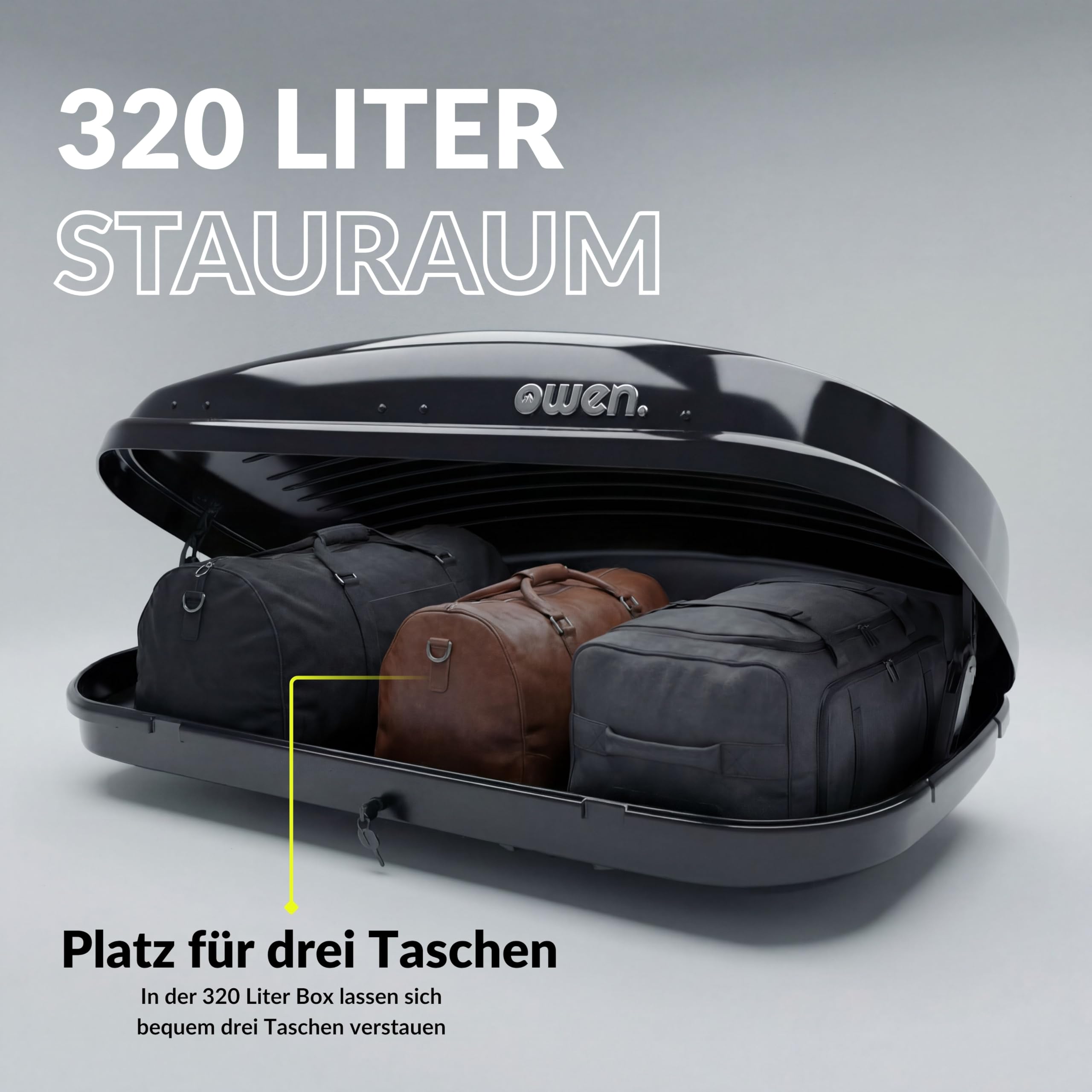 Owen Dachbox Auto 320L | 75kg Zuladung | Premium Hartschale Schwarz Glänzend | Aerodynamische Gepäckbox mit Schnellspanner (Fast Clamp) & Beidseitiger Öffnung | Robustes Material | Abschließbar