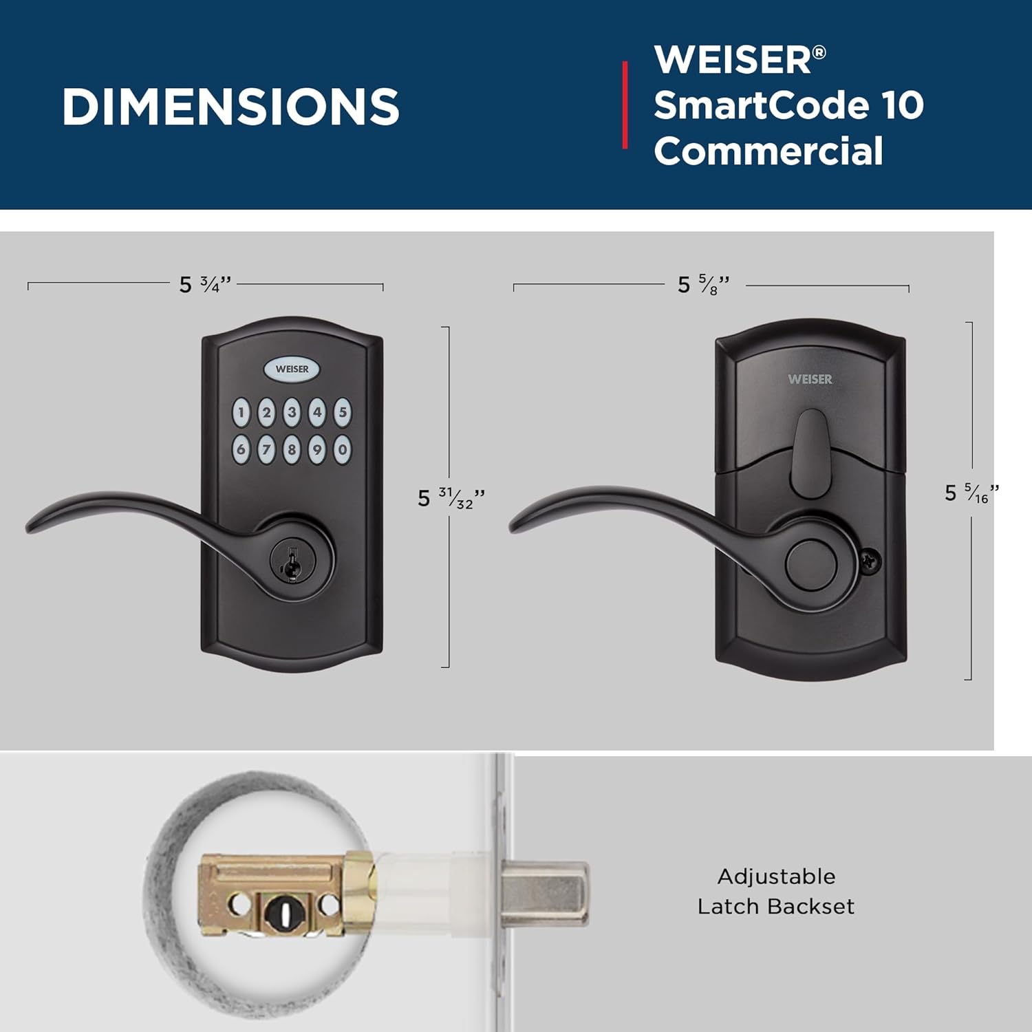 Diagram showing the dimensions of the Weiser Smartcode 10 Commercial lever, including height and width measurements for both the exterior keypad unit and the interior lever unit, along with an adjustable latch backset.