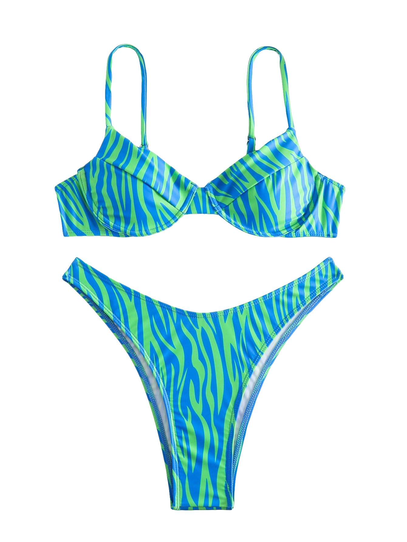Damski Zestaw Strojów Kąpielowych Z Wysokim Stanem I Nadrukiem W Paski 2-częściowy Biustonosz Push-up I Komplet Bikini Cadet Blue Small