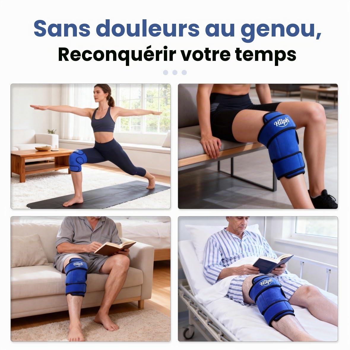 Hilph Poche de Glace Genou, Genouillère Thérapie Chaud/Froid Réutilisable - Enveloppement Total du Genou pour Chirurgie (Remplacement), Soulagement Douleur, Gonflement, Entorses - Bleu
