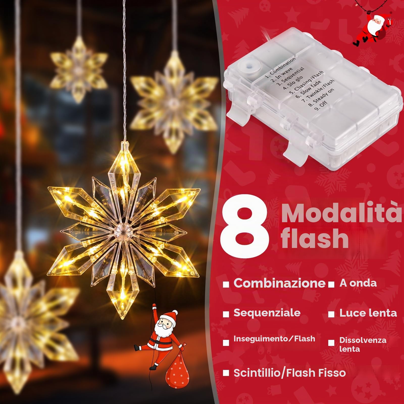 Globalink Luci Tenda Natale, Fiocco di Neve Luci Di Natale da Esterno, Tenda Luci Natale Interno con 43 Leds, 8 Modalità con Timer per Vetrina Camera da Letto Da Giardino-3 Strisce-Bianco Caldo