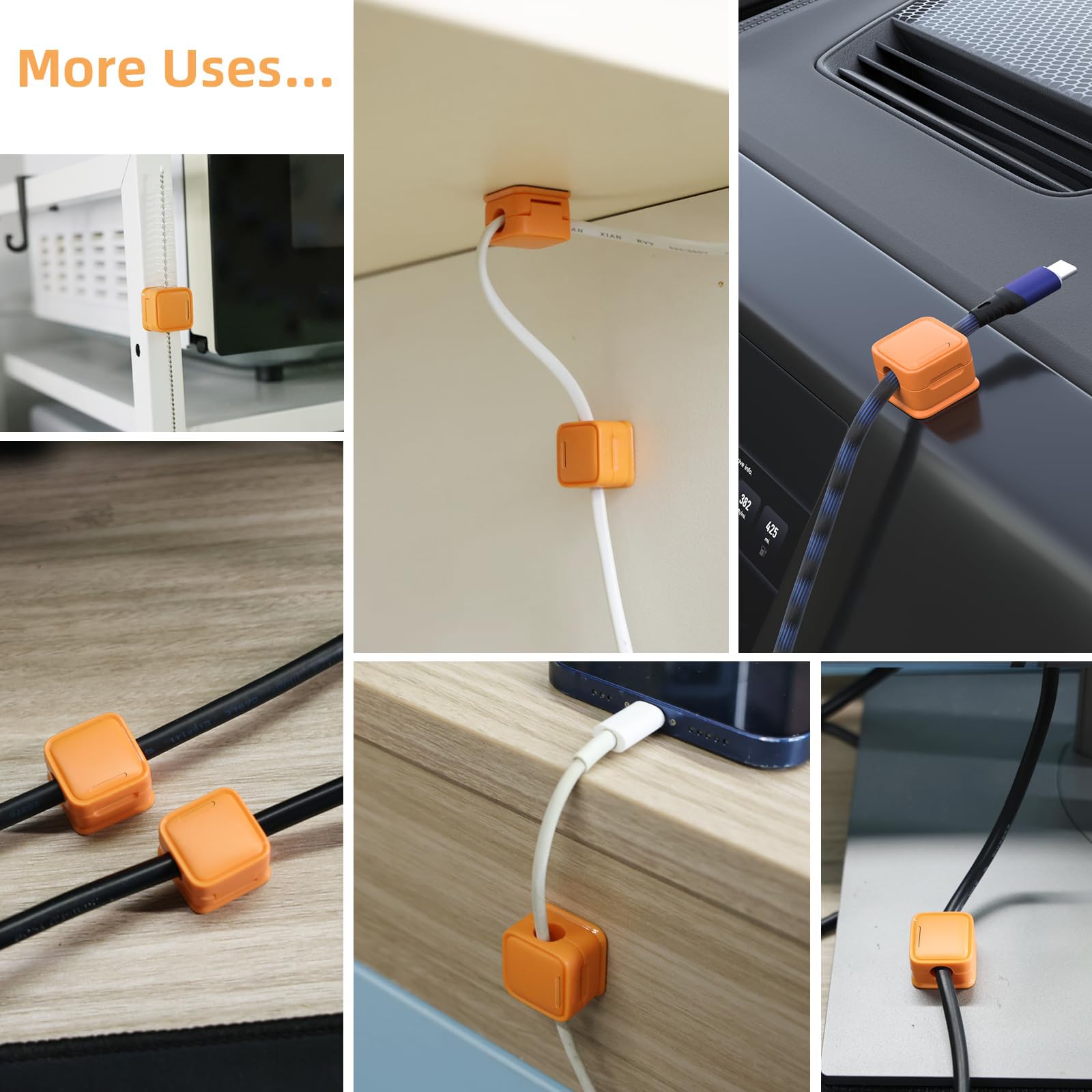 6 Pack Magnetic Cord Organizer, Easy Secure Adhesive Cable Management, Wire Holder Keeper Organizer Management, Hide Or Organize Phone USB Charger Cable for Home,Office,Car,Desk,Nightstand-Orange