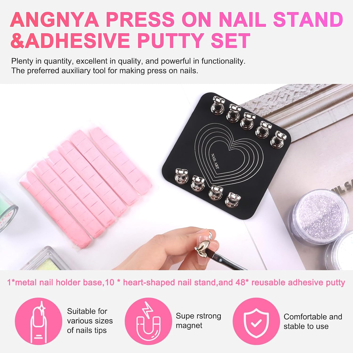 ANGNYA Nail Stand for Press Ons, Fake Nail Holder for Painting Nails, Super Magnetic Base for Painting Display Holder with Reusable Mounting Tapes for Home DIY Salon Supplies