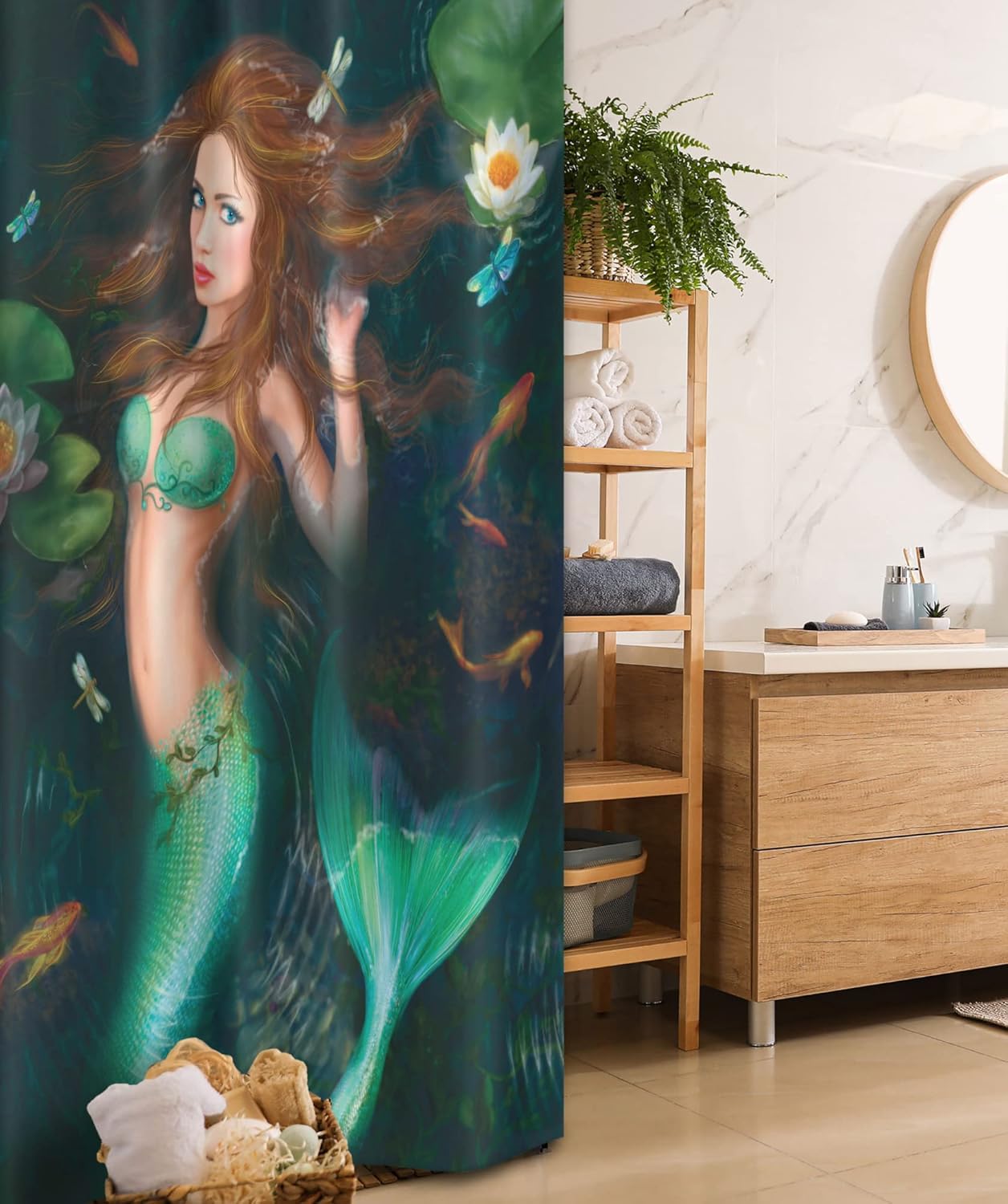 Ambesonne Underwater Stall Shower Curtain, Fantasy Mermaid in Lake with Lilies Blossom Plants Leaves, Fabric Bathroom Decor Set with Hooks, 36" W x 72" L, Green Brown Jade Green