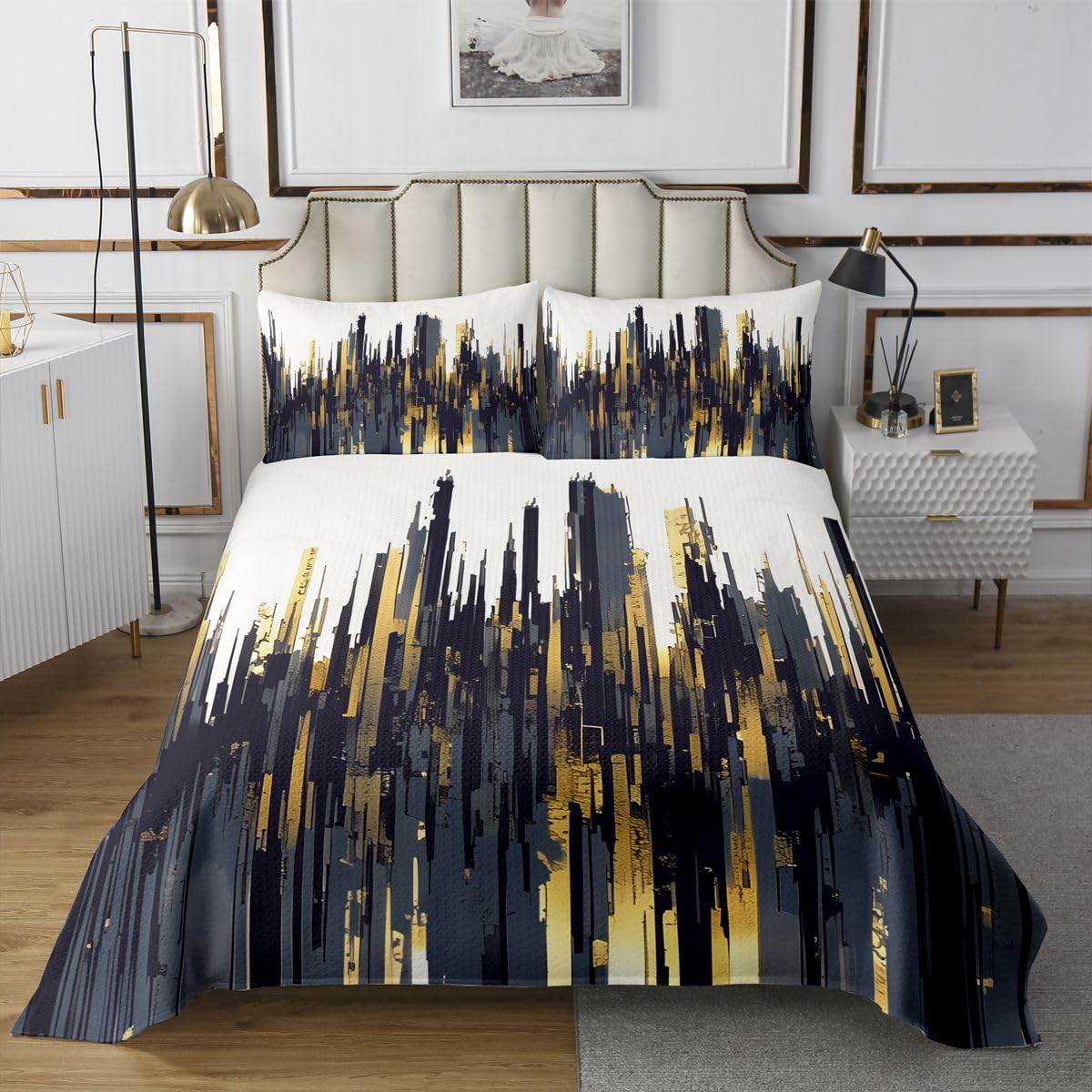 Colcha de rayas abstractas Manfei acolchada y ligera con funda de almohada retro