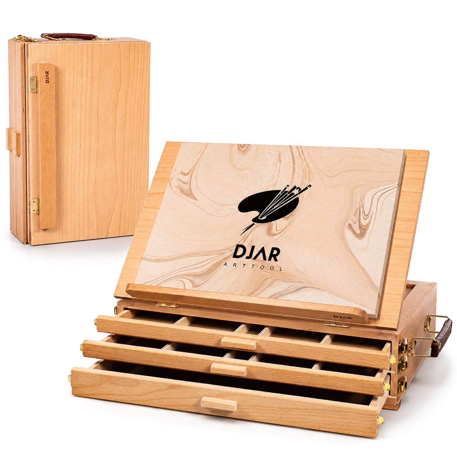 DJAR Tischstaffelei Holz mit 3 Schublade, Tisch-Skizzenbox aus Buchenholz, tragbare Künstler-Staffelei Tisch mit Aufbewahrungsbox für Erwachsene, Studenten, Teenager | Stabile Schreibtisch-Skizzenbox aus Buchenholz, für Erwachsene, Künstler und Studenten