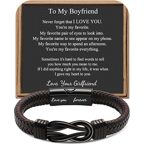 Personalized Infinity Bracelet - Brown Braided Leather Stainless Steel Couples Jewelry Gift...