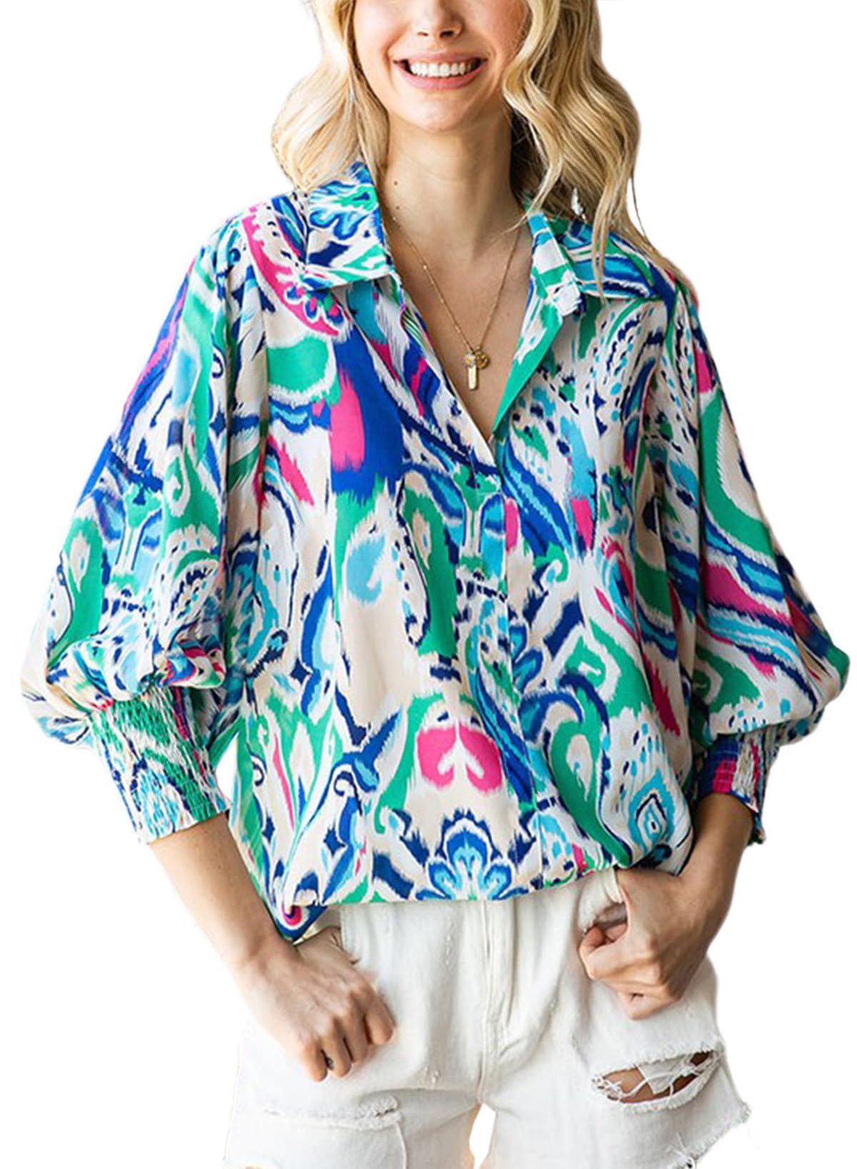 AELSON Women's Casual Boho Tops Floral Print V Neck Long Sleeve Blouse Button Down Shirts Medium 0-sky Blue