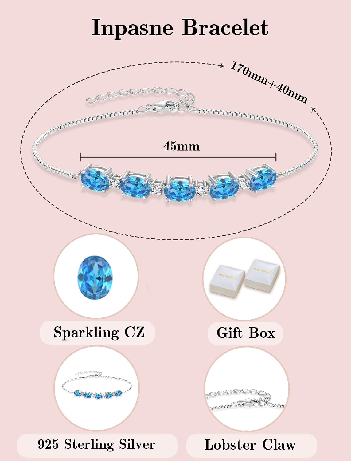 Aquamarine Jewelry Set for Women 925 Sterling Silver Oval Cut Necklace Earrings Bracelet March Birthstone Jewelry for Her