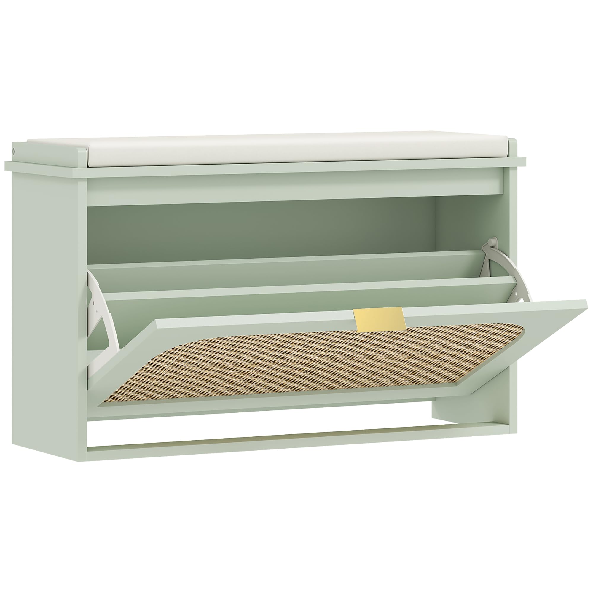 Zapatero de 80 cm, acolchado y compartimento plegable, verde, estrecho, estable, moderno