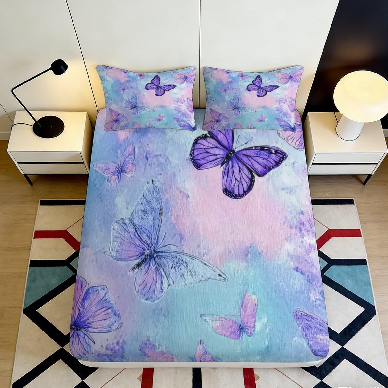 3D Printed Purple Butterfly Fitted Sheet Microfiber Soft Breathable Pastel Bed Cover for Bedroom Dormitory Guest Room Mattress Protection Decor 200x200x25cm