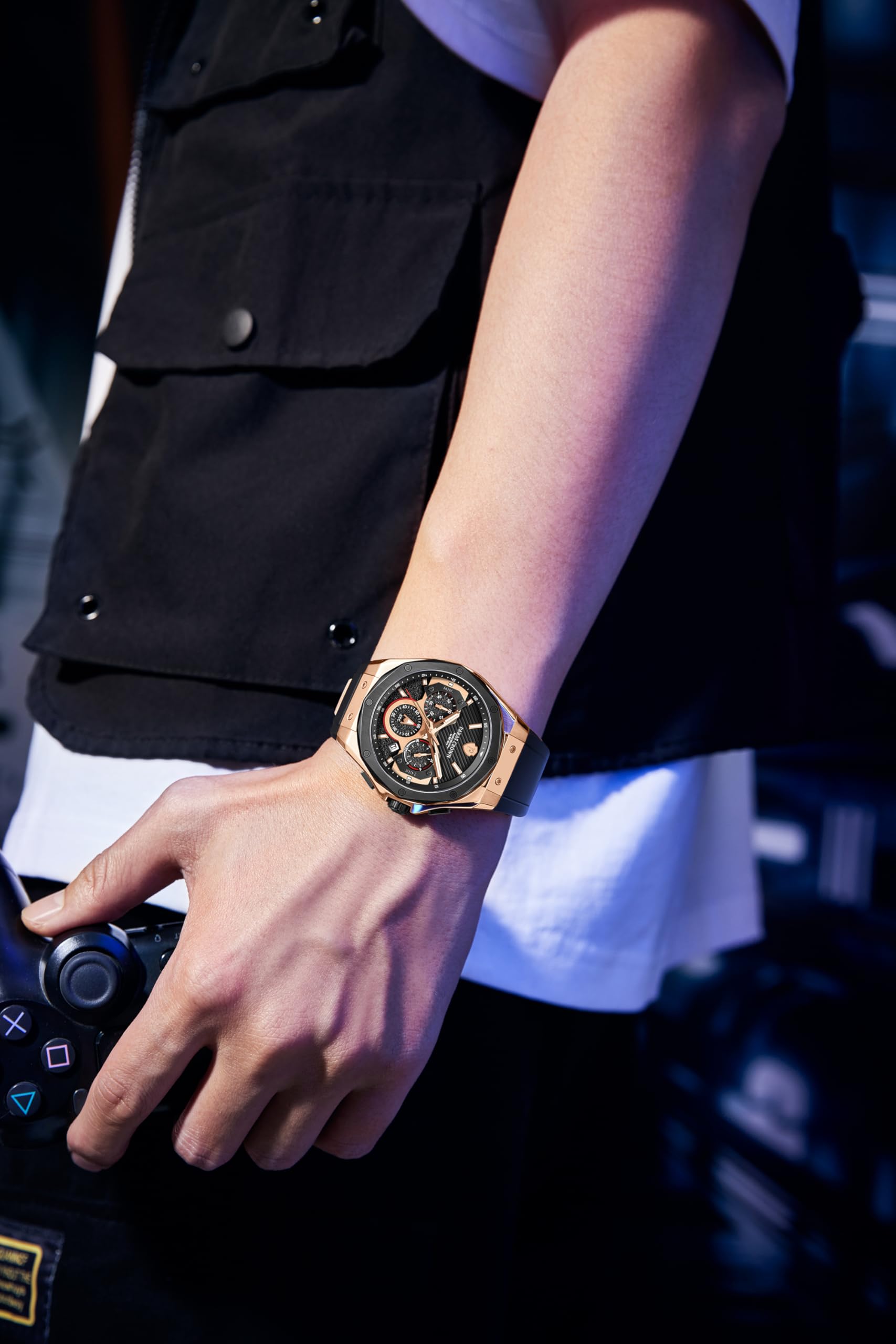 PC PARAS CROWN Uhren Herren mit Japanischem Uhrwerk 5ATM Chronograph Quarzuhr Edelstahl Tonneau-Gehäuse Herren Uhr mit Silikonarmband
