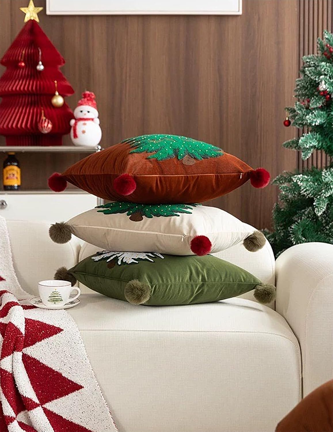 Fennco Styles Embroidered Christmas Tree Filled Throw Pillow with Pom Pom 18" W x 18" L - Brown Festive Cushion for Home, Christmas, Winter Holidays Décor, and Special Occasions
