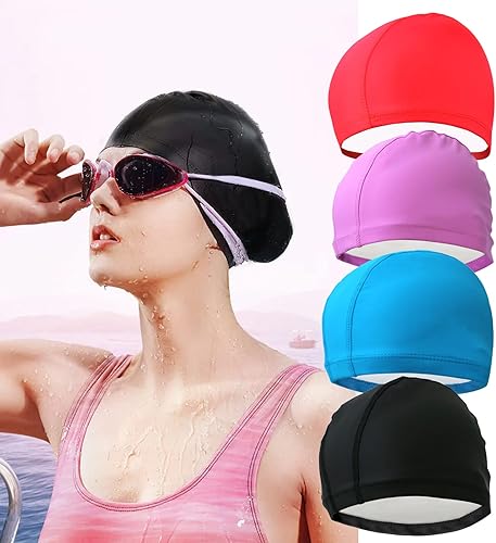 Gorro de natación, paquete de 4 gorros de natación para hombre y mujer, tela de poliuretano de color puro, cómodo y no apretado, gorro de natación