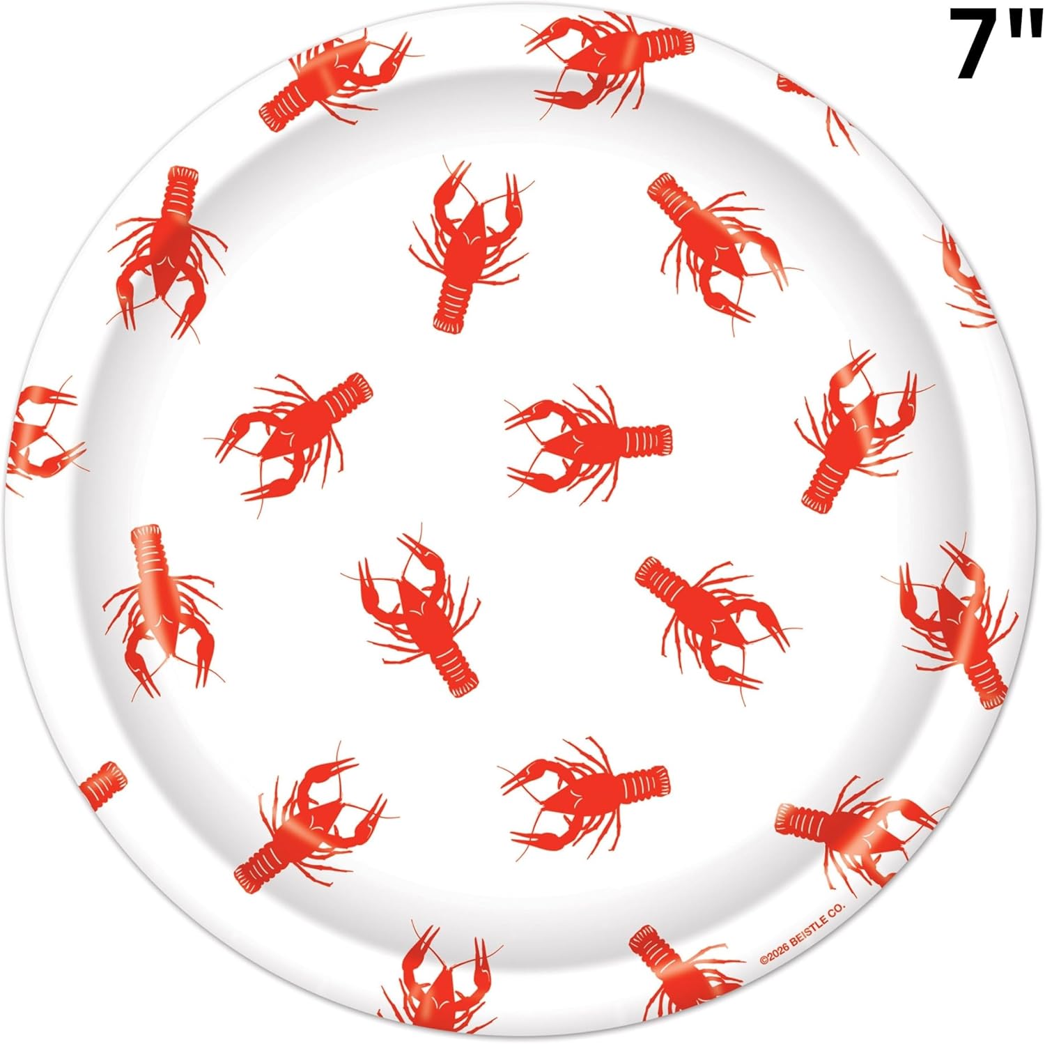 Beistle Crawfish Paper Plates – 16 Pack, Red and White Disposable Party Tableware, Round Seafood-Themed Dessert Plates for Boil Tables, Coastal Events, Mardi Gras Celebrations & Cajun Displays, 7"