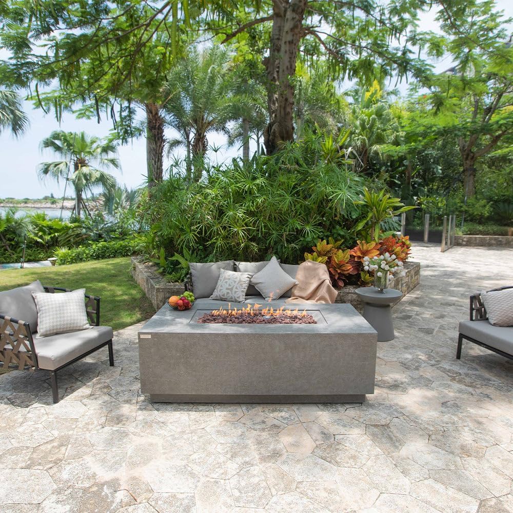 Andes Fire Table Outdoor Fire Pit 66" x 32" Cast Concrete Firepit Includes Lava Rocks 60,000 BTUs Outdoor Fireplace for Patio Furniture Set, Deck, Porch, Outdoor Heater - Propane, Light Grey