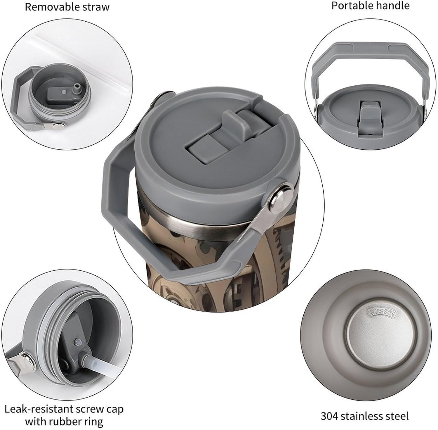 30oz Insulated Tumblers with Top Handle, Stainless Steel Steampunk Mechanical Gears Car Cup with Straw for Gift, Leak-Proof Double Wall Vacuum Travel Mug, Personalized Water Bottles White