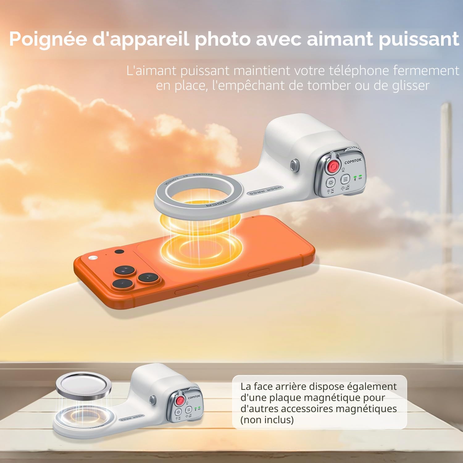 COMITOK MOCA ARCO Poignée pour appareil photo pour enregistrement vidéo avec zone de repose-pouce pour iPhone Pro Max, avec support de téléphone amélioré et télécommande amovible pour une prise de vue