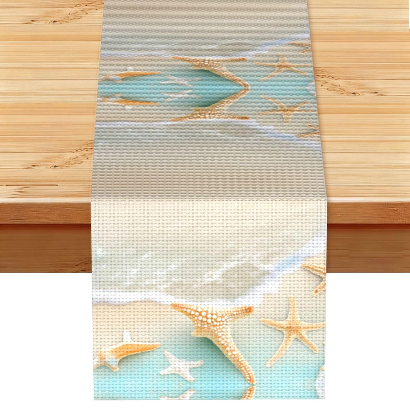 Beach Starfish Linen Look Table Runner 13x72-Wrinkle Resistant Farmhouse Style for Dining Table Decor