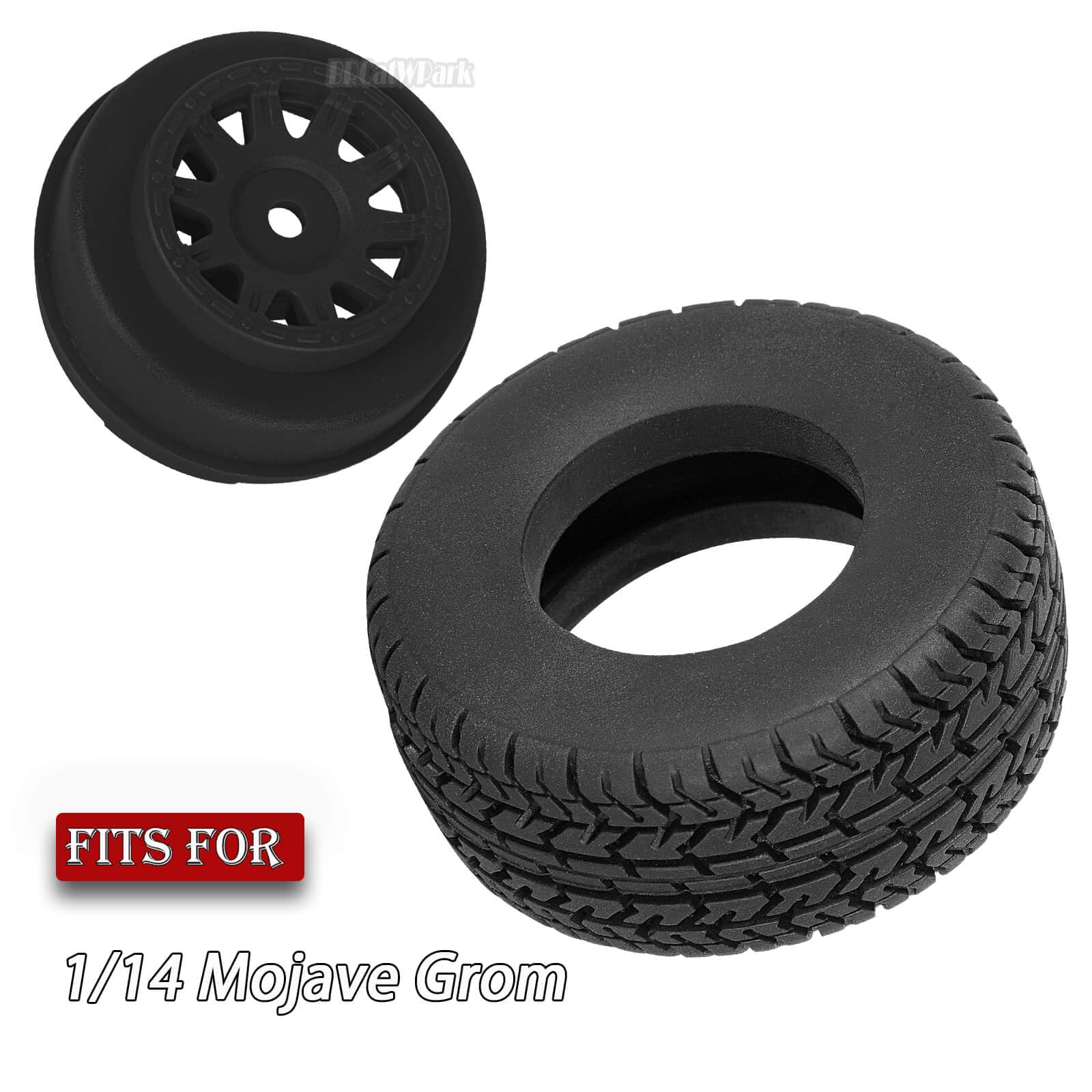 BRCatWPark RC Wheel Tires for 1/14 Mojave Grom,RC Front/Rear Wheel Rims & Rubber Tires,4pcs RC Drift Wheels and Tires Soft Tires,Black
