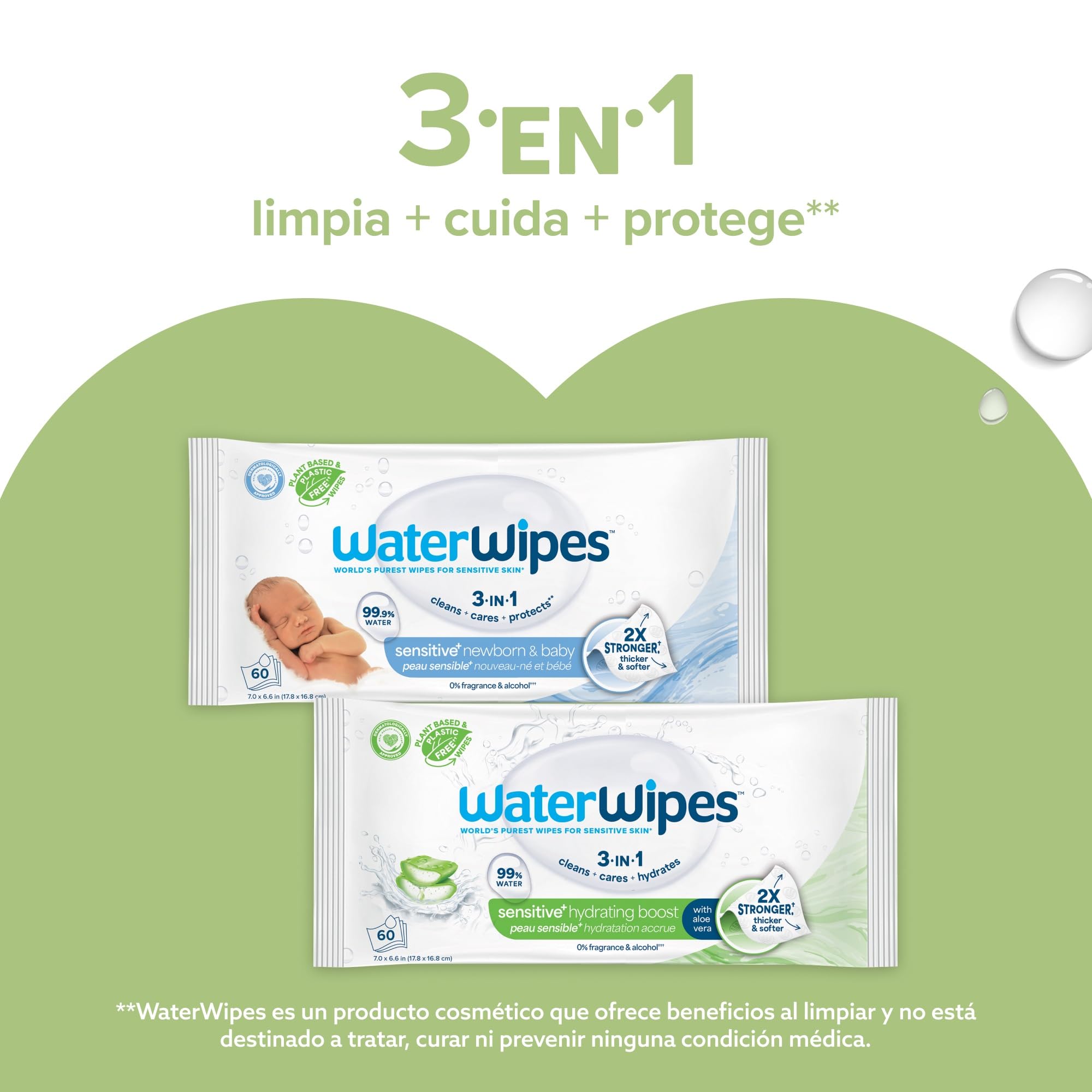 WaterWipes Sensitive+ Baby & Toddler Wipes, Toallitas Para Bebés y Niños Pequeños, 720 unidades (paquete de 12), 3 en 1 Limpia, Cuida, Protege, 99,9% Agua, Textura Limpia, Sin perfume