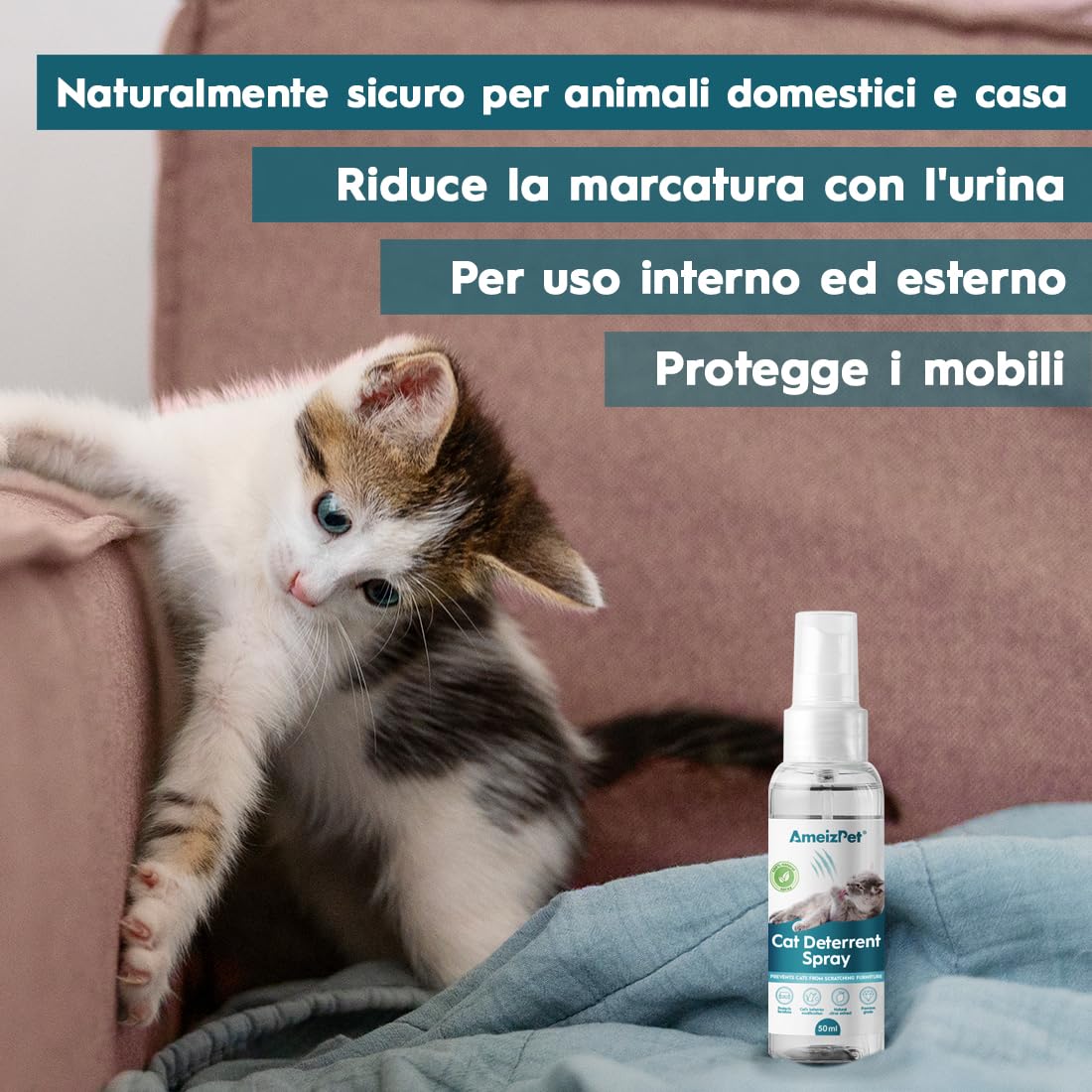 AmeizPet Spray Disabituante per Gatti, Repellente per Gatti, Smetti di Graffiare Mobili, Tappeti, Tende e Piante, Soluzione Sicura ed Efficace, Uso Interno & Esterno, 50 ml (1,69 FL oz)