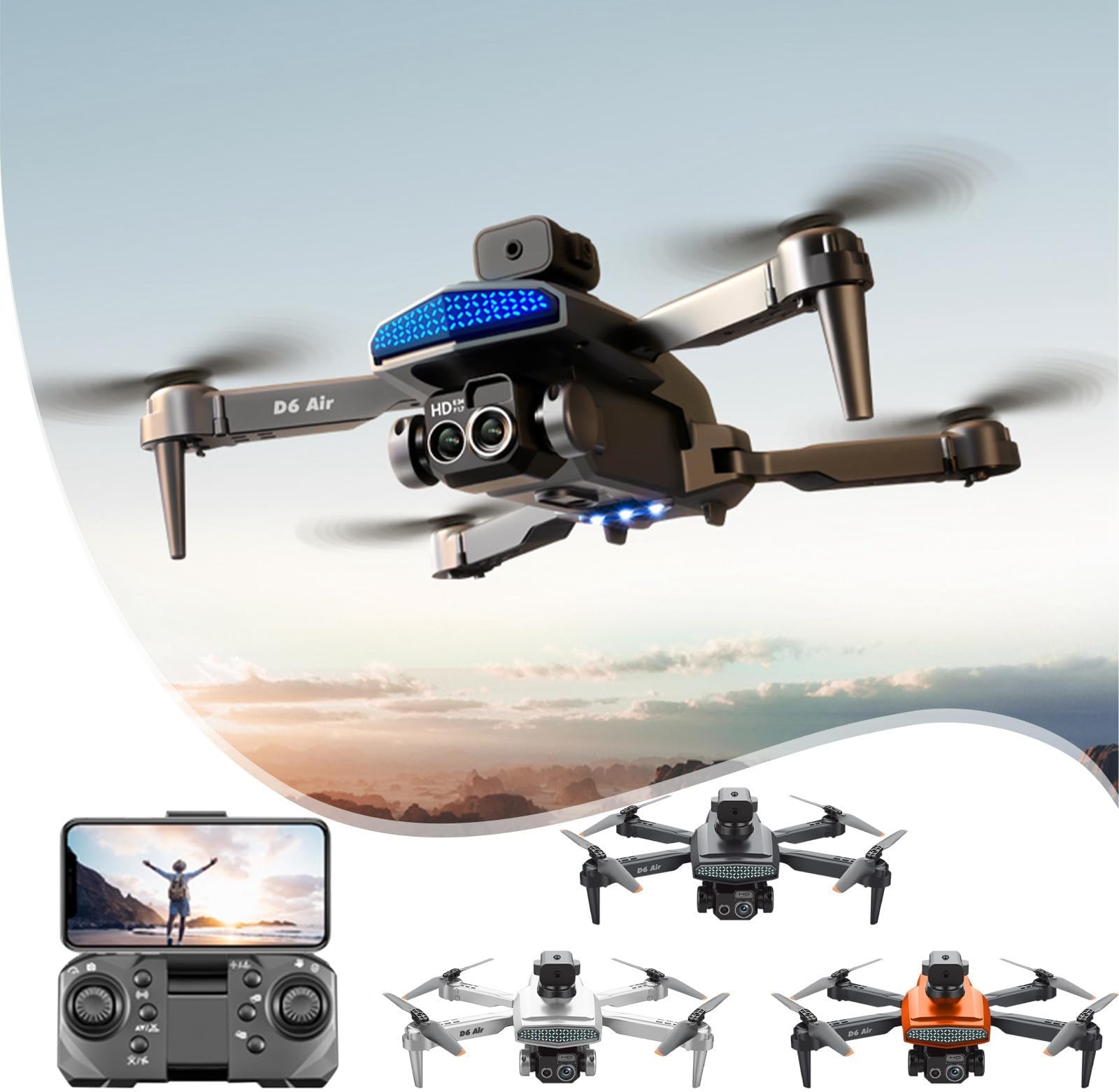 4K Drone with Three Cameras, Foldable HD Fpv Drone RC Quadcopter Toys Gifts for Adult Kids Beginners, Rc Drone & Phone Control, With Battery, Antishake, Altitude Hold & Headless Mode (Black)