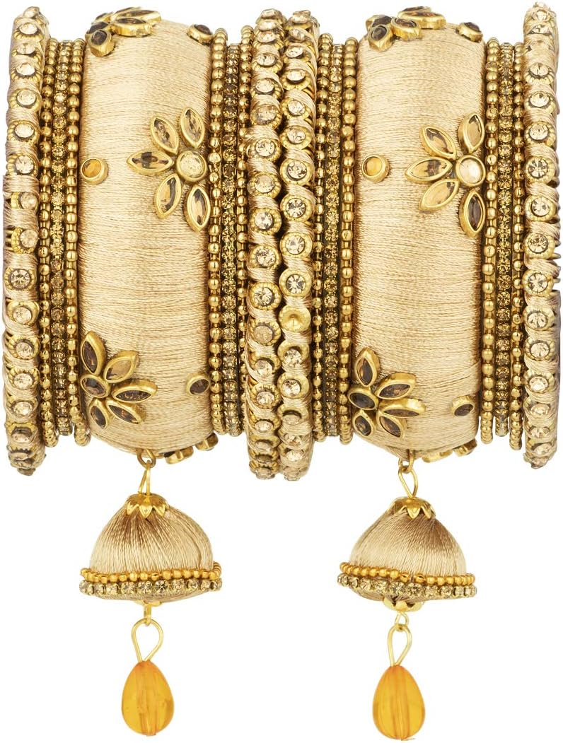 Aheli Royal Design Faux Stone Studded Silk Thread Bangle Chudha Set with Jhumki Tassel Hanging Indian Wedding Wear Fashion Jewelry for Women Blue