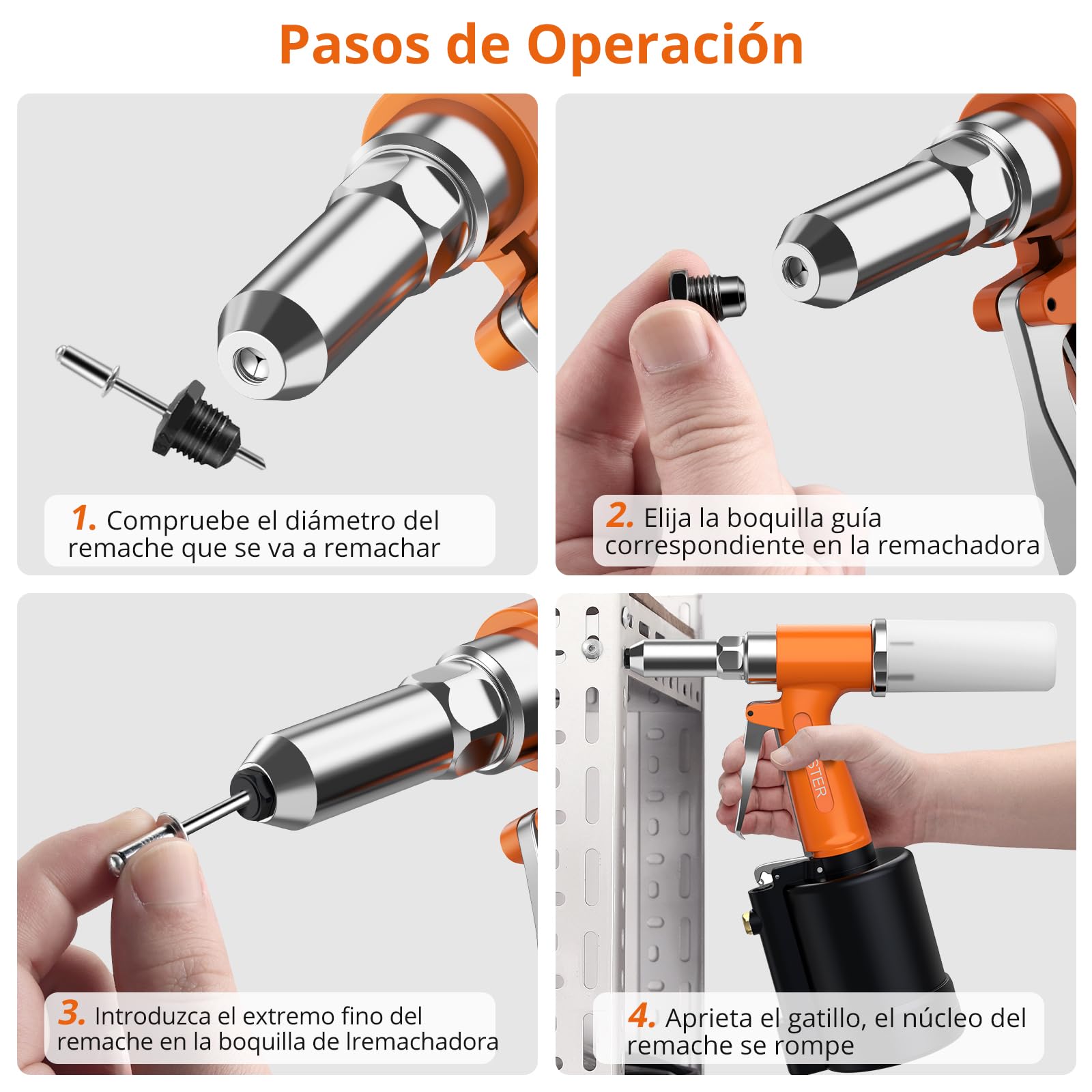 Proster Remachadora Neumatica con 500pcs Remaches Pistola Remachadora de Aire Hidraulica con 4 Boquillas 2.4mm/3.2mm/4.0mm/4.8mm para Remaches de Hierro Aluminio Acero